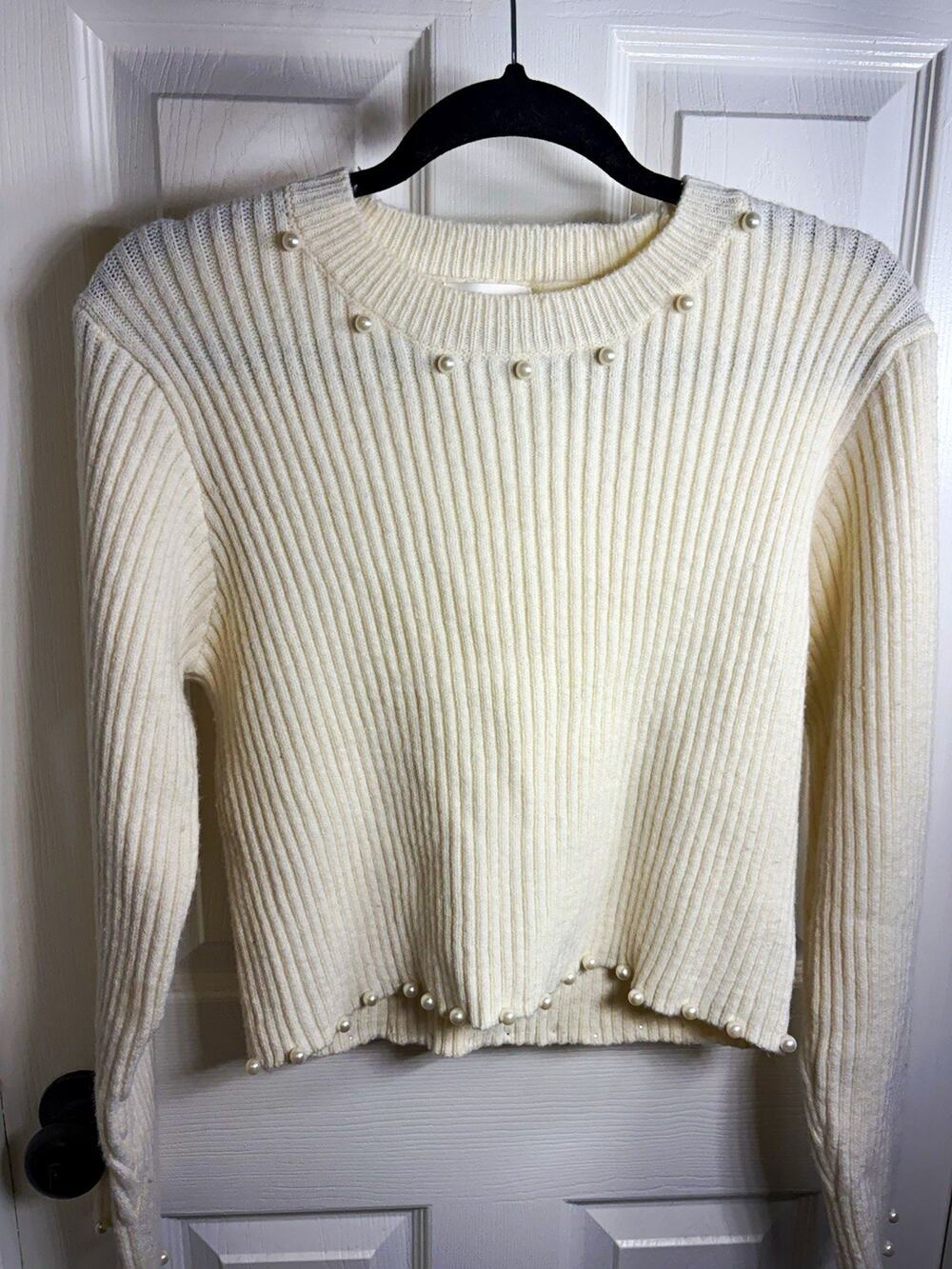 böhme Ivory Knit Crew Neck Ribbed Pearl Trim Sweater Quiet Luxury Old Money M